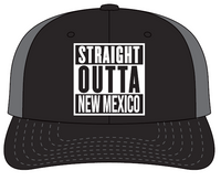 Black and gray cap with 'Straight Outta New Mexico' text on a white background