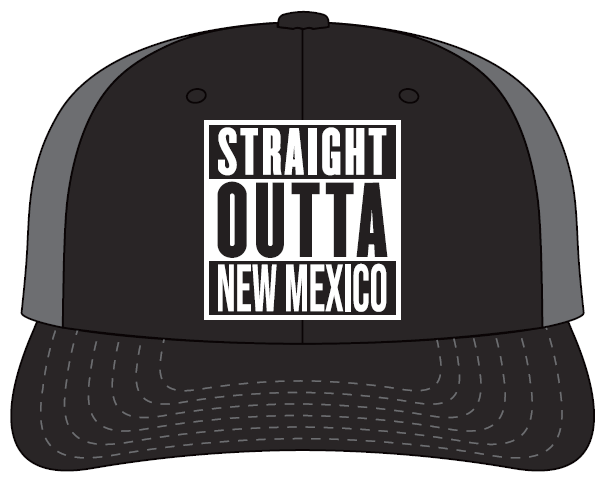 Black and gray cap with 'Straight Outta New Mexico' text on a white background